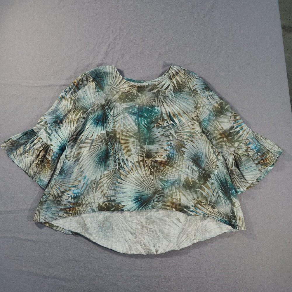 Bryn Walker Top Womens Medium Blue Linen Shirt USA Floral Hi Low Hem Lagenlook